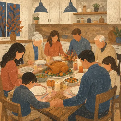 Thanksgiving Family Prayer Around Rustic Dinner Table