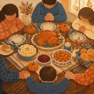 Thanksgiving Family Prayer Around Rustic Dinner Table