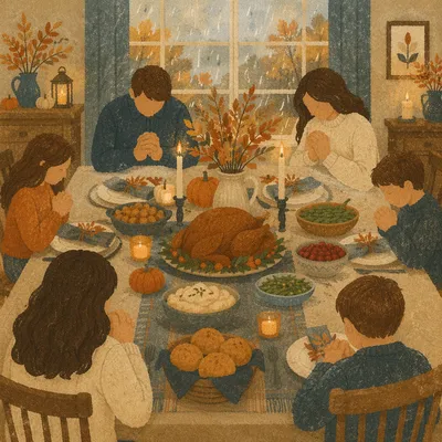 Thanksgiving Family Prayer Around Dinner Table