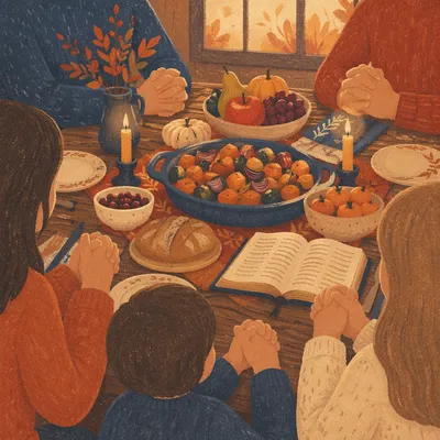 Thanksgiving Family Prayer Around Autumn Dinner