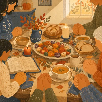 Thanksgiving Family Prayer Around Farmhouse Table