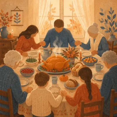 Thanksgiving Family Prayer Around Rustic Autumn Table