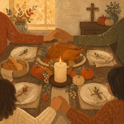 Thanksgiving Family Prayer at Farmhouse Table