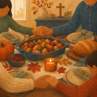 Thanksgiving Family Prayer Around Rustic Dinner Table