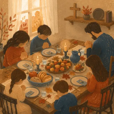 Thanksgiving Family Prayer at Rustic Dinner Table