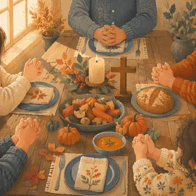 Thanksgiving Family Prayer at Rustic Dinner Table