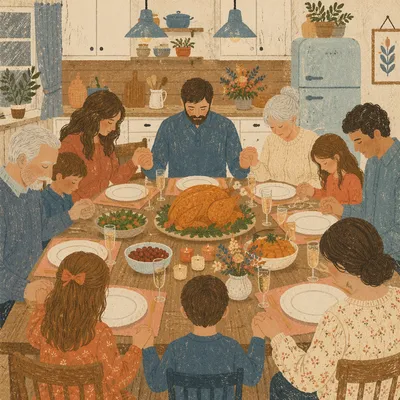 Thanksgiving Family Prayer Around Dinner Table