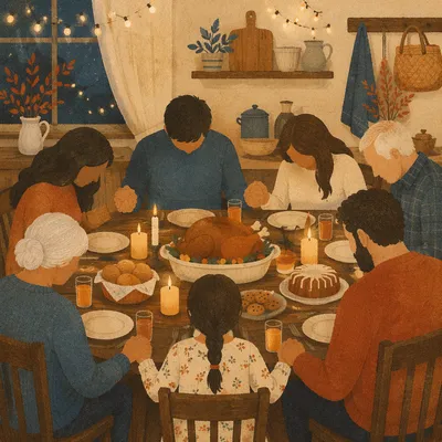 Thanksgiving Family Prayer Around Rustic Dinner Table
