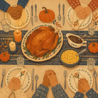 Thanksgiving Family Prayer Dinner Table Scene