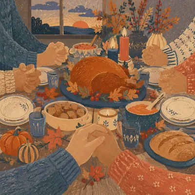 Thanksgiving Family Prayer Around Candlelit Dinner