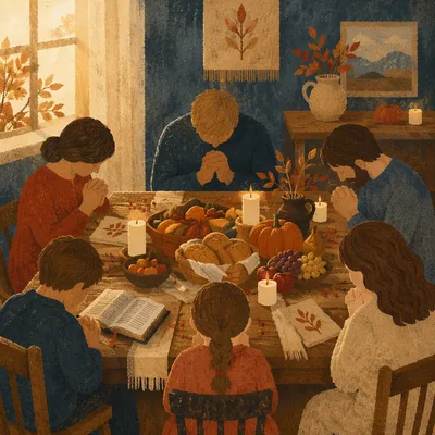 Thanksgiving Family Prayer Around Rustic Dinner Table