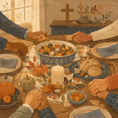 Thanksgiving Family Prayer Around Rustic Dinner Table