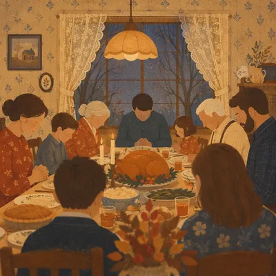 Thanksgiving Family Prayer Around Cozy Dinner Table
