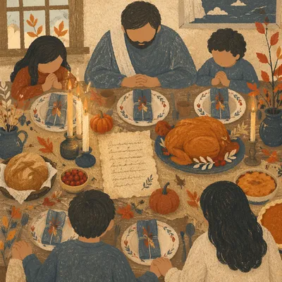 Thanksgiving Family Prayer at Rustic Table