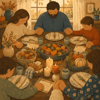 Thanksgiving Family Prayer Around Rustic Dinner Table