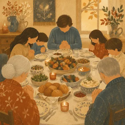 Thanksgiving Family Prayer Around Dinner Table