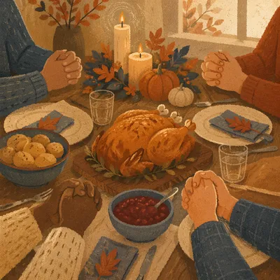 Thanksgiving Family Prayer Around Autumn Dinner Table