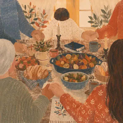 Thanksgiving Family Prayer Around Farmhouse Table