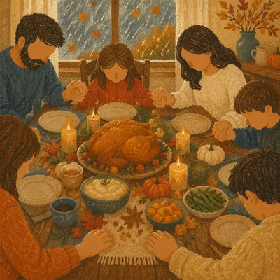 Thanksgiving Family Prayer at Rustic Dinner Table