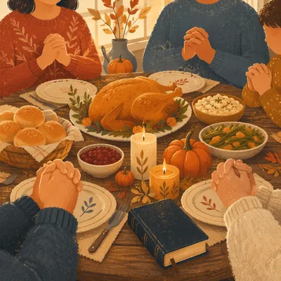 Thanksgiving Family Prayer Around Rustic Dinner Table