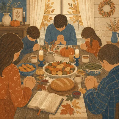Thanksgiving Family Prayer at Rustic Dinner Table