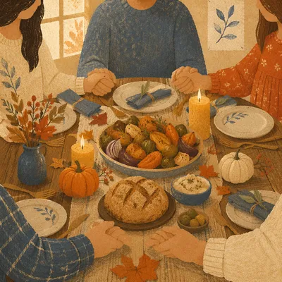 Thanksgiving Family Prayer Around Rustic Dinner Table