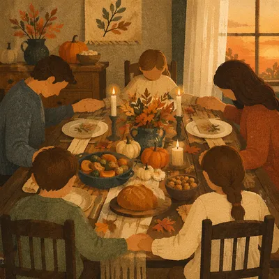 Thanksgiving Family Prayer at Rustic Dinner Table