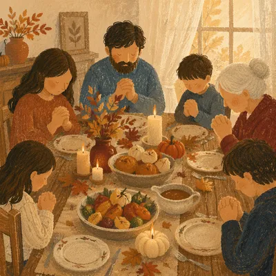Thanksgiving Family Prayer Around Autumn Dinner Table