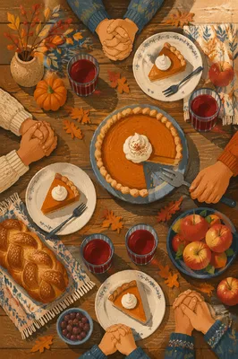 Thanksgiving Family Prayer Around Rustic Dinner Table