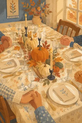Thanksgiving Family Prayer at Autumn Dinner Table