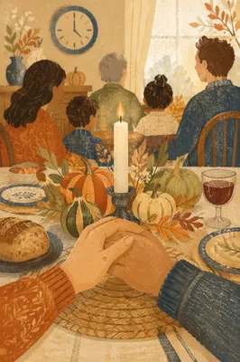 Thanksgiving Family Prayer at Rustic Dinner Table