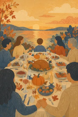 Thanksgiving Family Prayer at Sunset Table