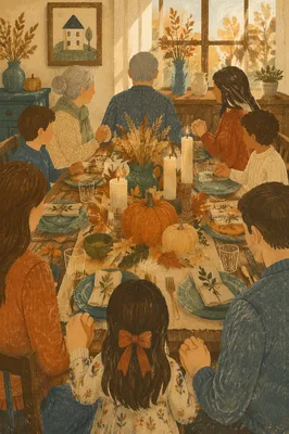 Thanksgiving Family Prayer Around Rustic Dinner Table