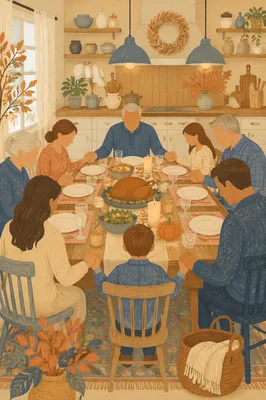 Thanksgiving Family Prayer Around Rustic Dinner Table