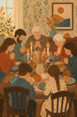 Thanksgiving Family Prayer at Rustic Dinner Table