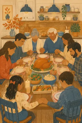 Thanksgiving Family Prayer at Rustic Dinner Table