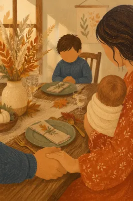 Thanksgiving Family Prayer at Warm Dinner Table