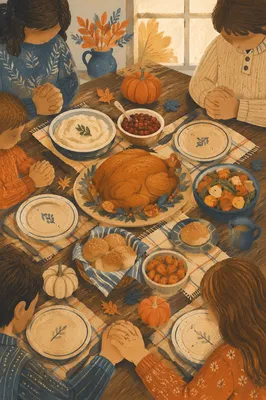 Thanksgiving Family Prayer Around Rustic Dinner Table