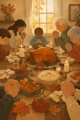 Thanksgiving Family Prayer at Rustic Dinner Table