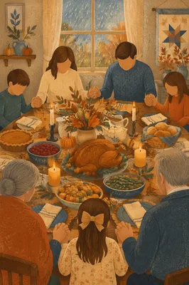 Thanksgiving Family Prayer Around Dinner Table