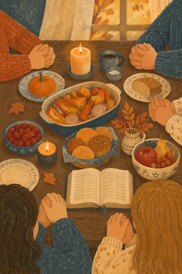 Thanksgiving Family Prayer Around Rustic Dinner Table