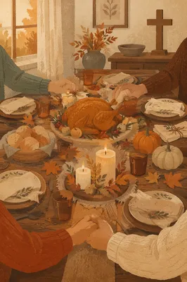 Thanksgiving Family Prayer Around Farmhouse Table