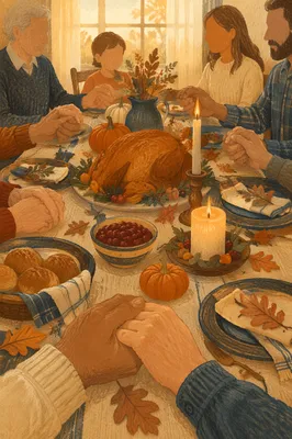 Thanksgiving Family Prayer Around Autumn Dinner