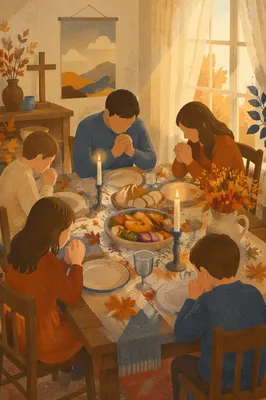 Thanksgiving Family Prayer at Rustic Dinner Table