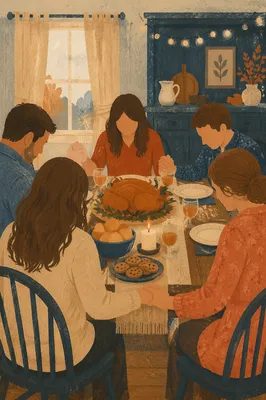 Thanksgiving Family Prayer at Rustic Dinner Table