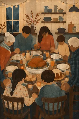 Thanksgiving Family Prayer Around Rustic Dinner Table