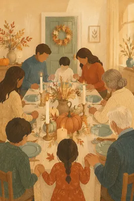 Thanksgiving Family Prayer Around Autumn Dinner Table