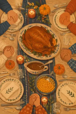 Thanksgiving Family Prayer Dinner Table Scene