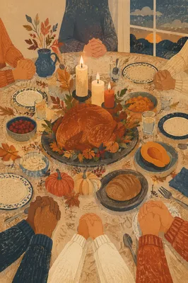 Thanksgiving Family Prayer Around Candlelit Dinner
