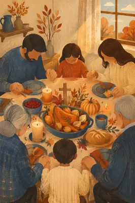 Thanksgiving Family Prayer Around Rustic Dinner Table